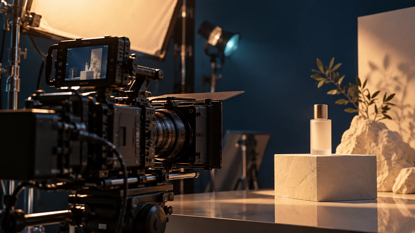 Concept commercial production set with a camera and product